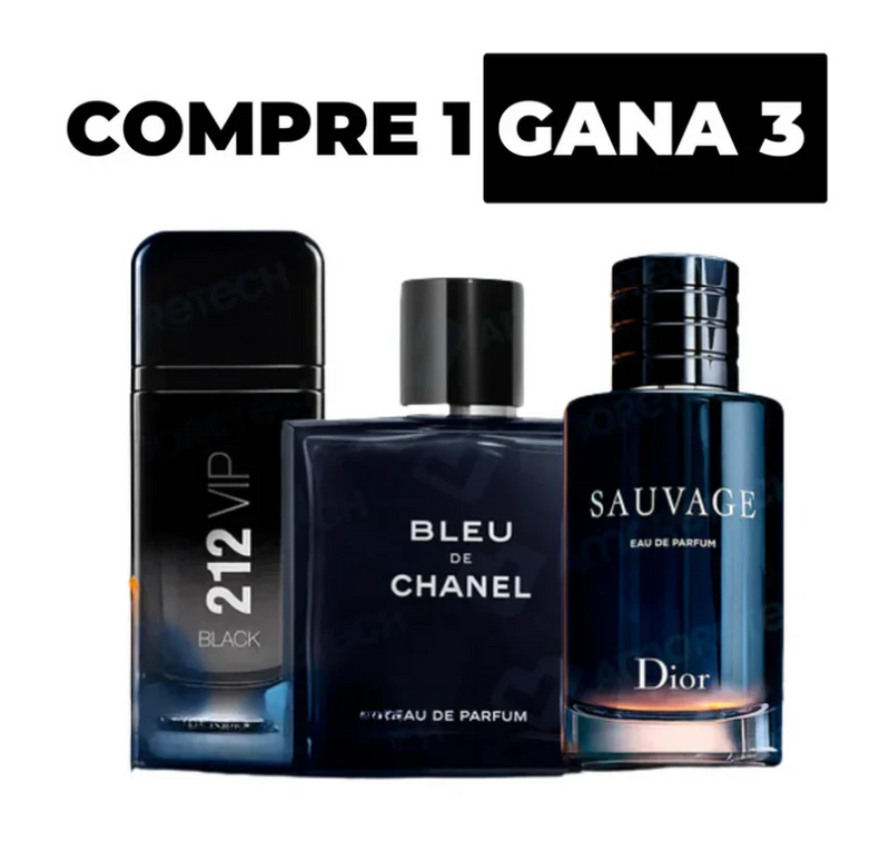 KIT 3 PERFUMES IMPORTADOS - SAUVAGE DIOR | BLEU DE CHANEL| 212 VIP BLACK